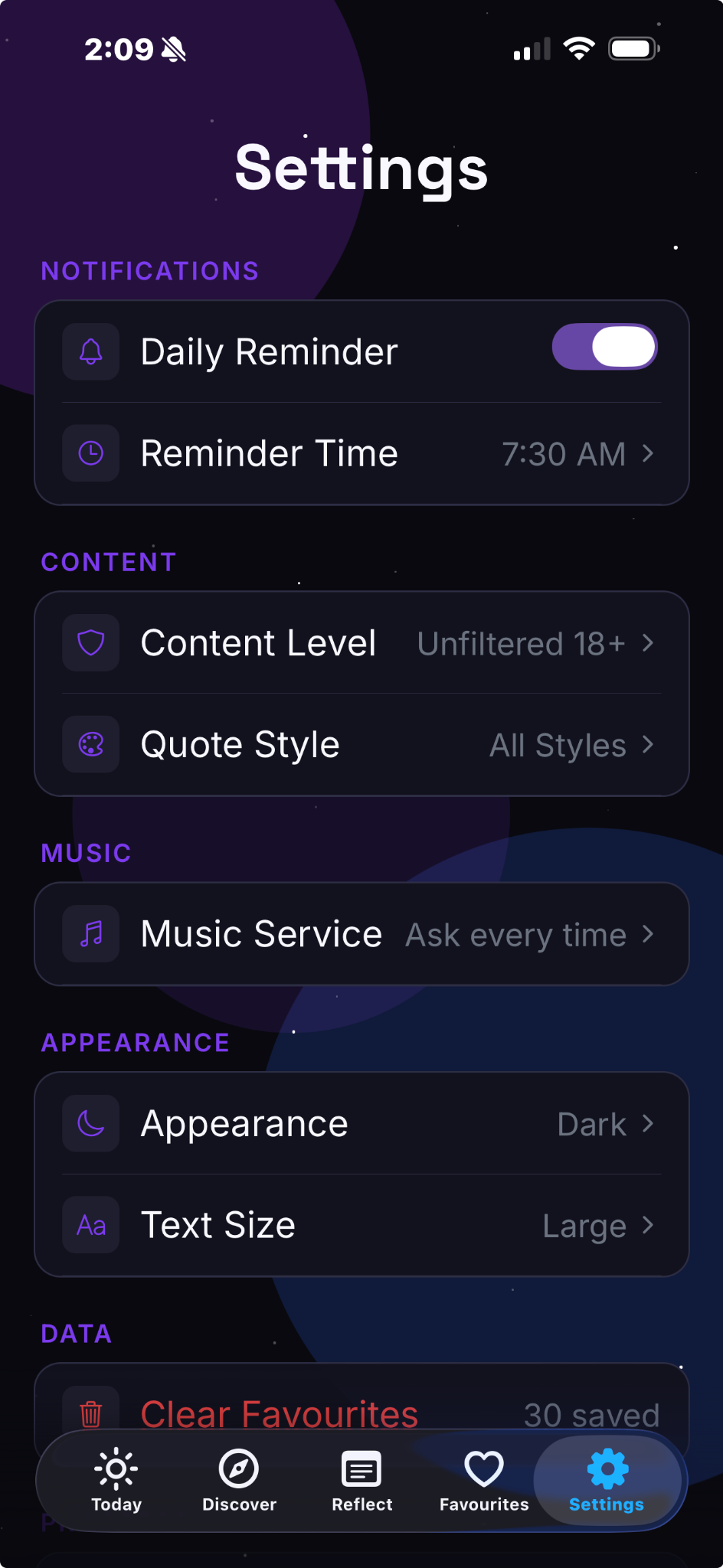 Cosmic Kickstart Settings tab